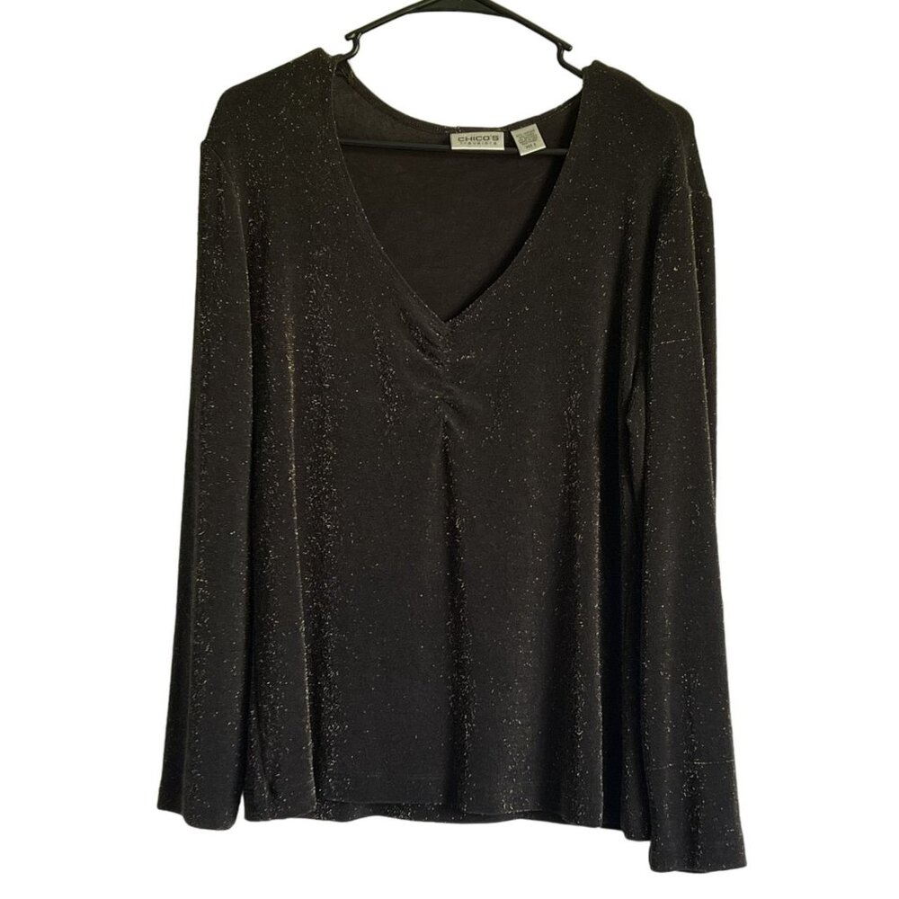 Chicos Travelers Womens Brown Sparkly Gold V-Neck Top Size 2 Holiday Large